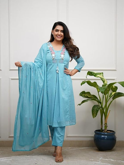Women's Blue Floral Embroidered Mul Cotton Kurta Set with Pants & Dupatta | Mirror Work Ethnic Wear