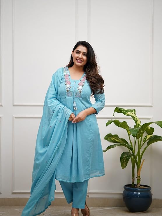 Women's Blue Floral Embroidered Mul Cotton Kurta Set with Pants & Dupatta | Mirror Work Ethnic Wear