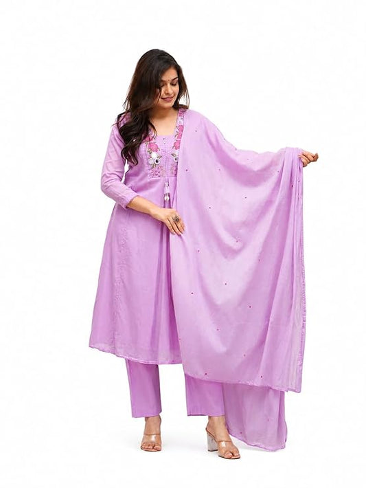 Women's Pastel Pink Floral Embroidered Mul Cotton Kurta Set with Pants & Dupatta | Mirror Work Ethnic Wear