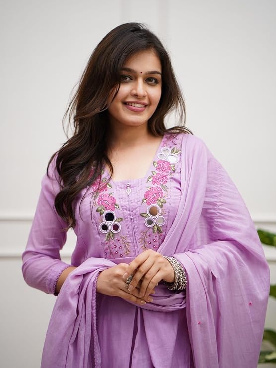 Women's Pastel Pink Floral Embroidered Mul Cotton Kurta Set with Pants & Dupatta | Mirror Work Ethnic Wear