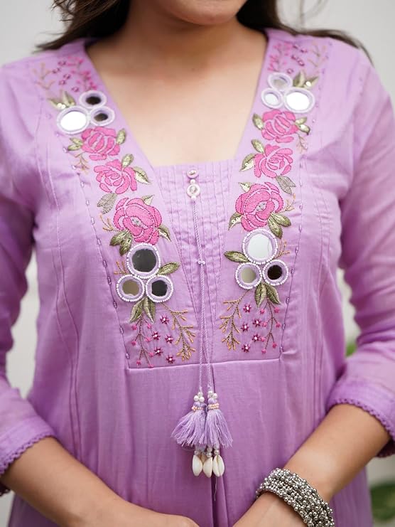 Women's Pastel Pink Floral Embroidered Mul Cotton Kurta Set with Pants & Dupatta | Mirror Work Ethnic Wear