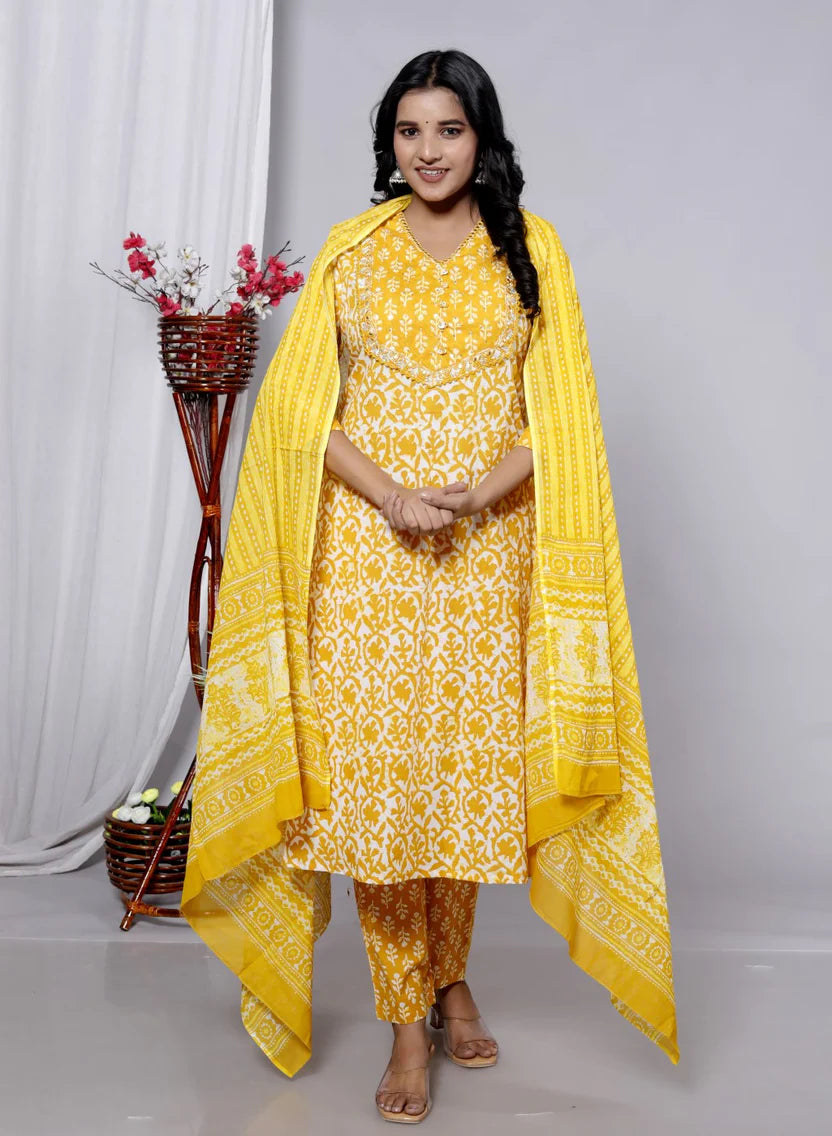Yellow Mul Cotton jaipuri Kurta Pant Set with Dupatta-800090