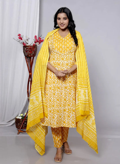 Yellow Mul Cotton jaipuri Kurta Pant Set with Dupatta-800090
