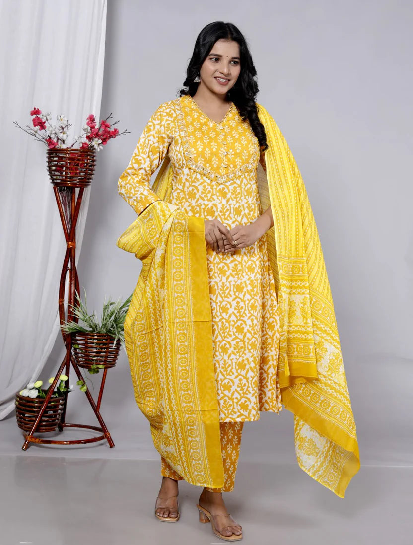 Yellow Mul Cotton jaipuri Kurta Pant Set with Dupatta-800090