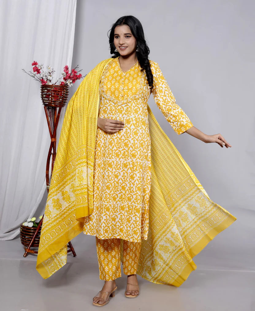Yellow Mul Cotton jaipuri Kurta Pant Set with Dupatta-800090