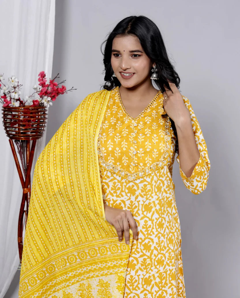 Yellow Mul Cotton jaipuri Kurta Pant Set with Dupatta-800090