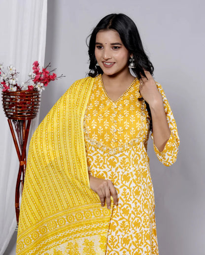 Yellow Mul Cotton jaipuri Kurta Pant Set with Dupatta-800090