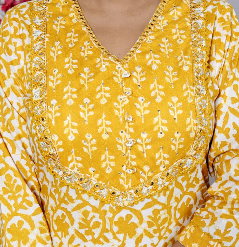 Yellow Mul Cotton jaipuri Kurta Pant Set with Dupatta-800090