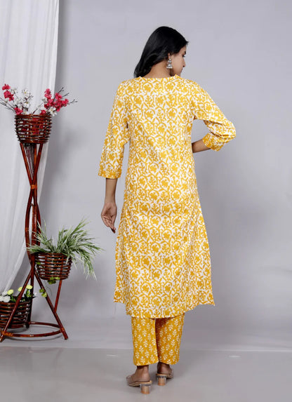 Yellow Mul Cotton jaipuri Kurta Pant Set with Dupatta-800090