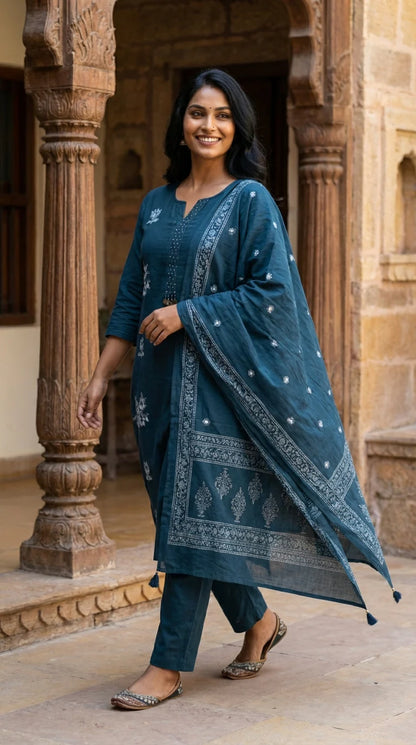Teal Blue Embroidery Cotton Kurta Pant Set with Dupatta-800216