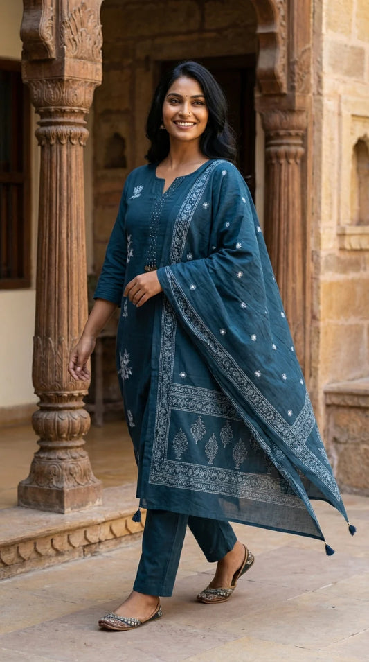 Teal Blue Embroidery Cotton Kurta Pant Set with Dupatta-800216