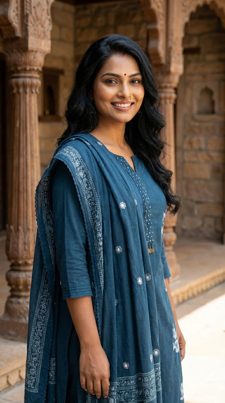 Teal Blue Embroidery Cotton Kurta Pant Set with Dupatta-800216