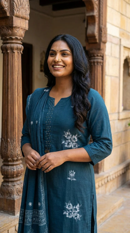 Teal Blue Embroidery Cotton Kurta Pant Set with Dupatta-800216