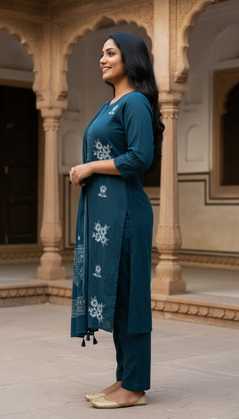 Teal Blue Embroidery Cotton Kurta Pant Set with Dupatta-800216