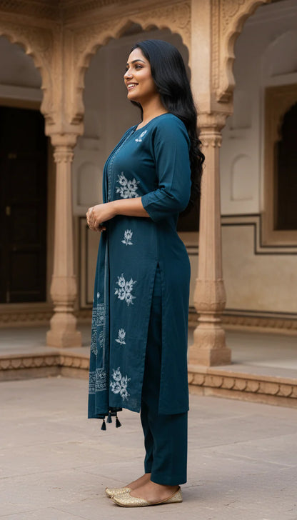 Teal Blue Embroidery Cotton Kurta Pant Set with Dupatta-800216