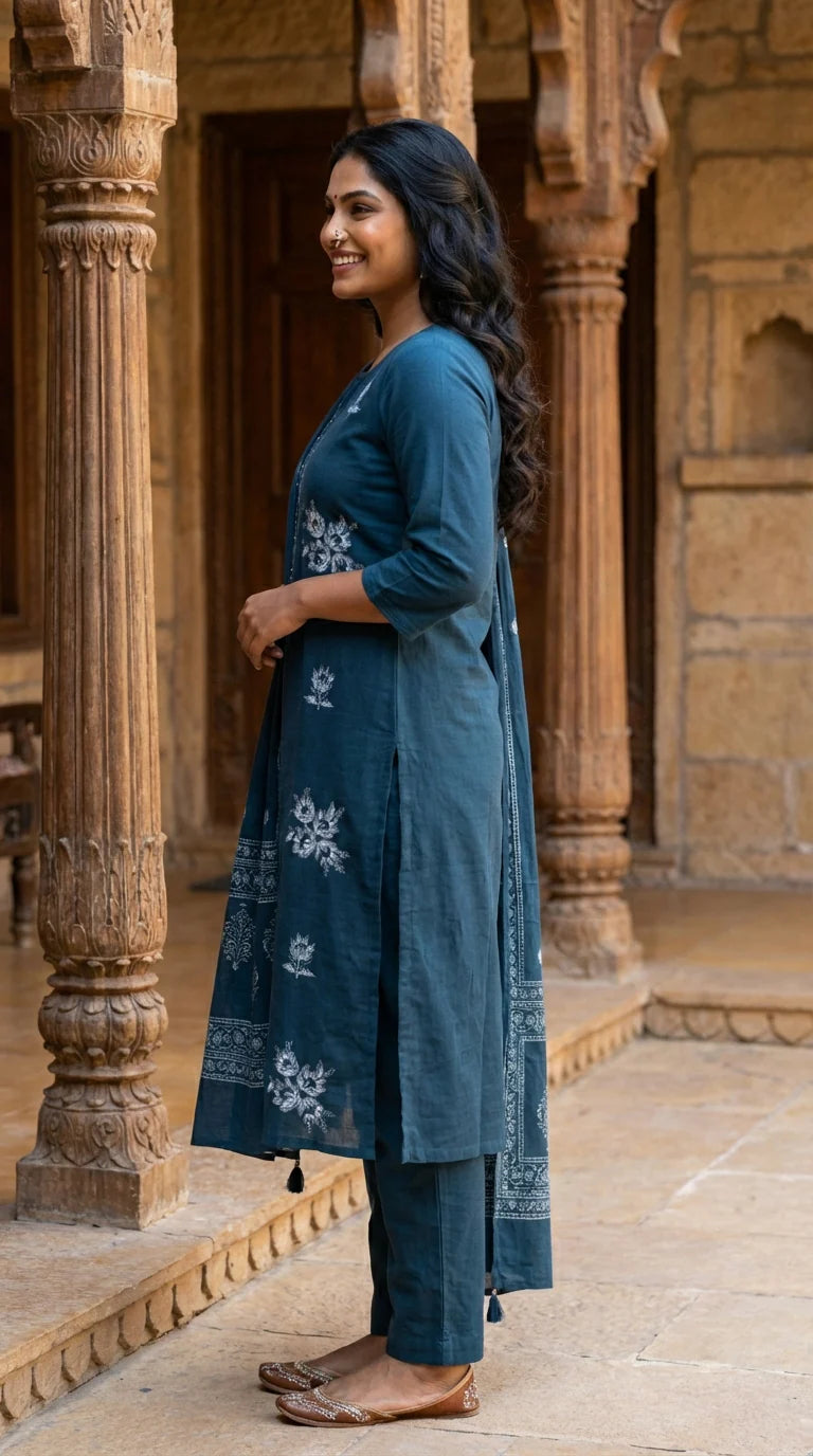 Teal Blue Embroidery Cotton Kurta Pant Set with Dupatta-800216