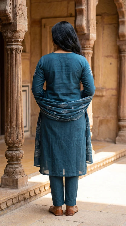 Teal Blue Embroidery Cotton Kurta Pant Set with Dupatta-800216
