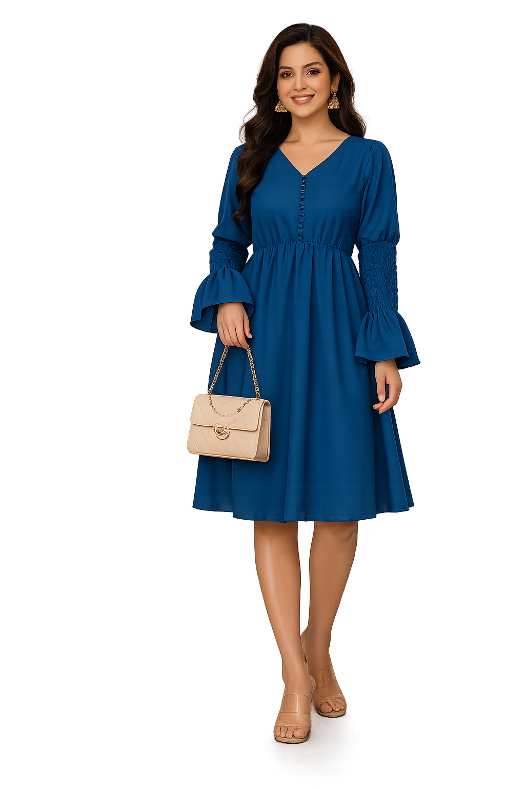 Smocked-Sleeve V-Neck Midi Dress.