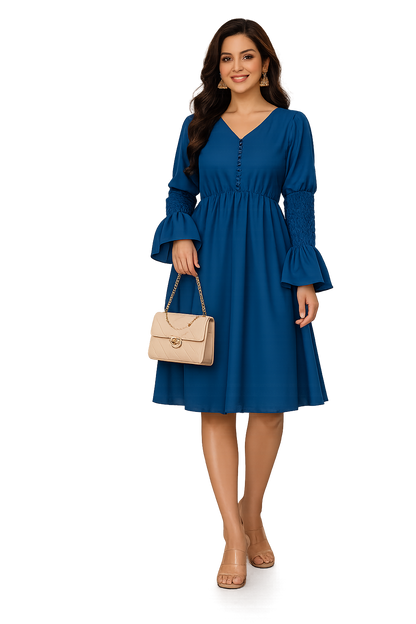 Smocked-Sleeve V-Neck Midi Dress.