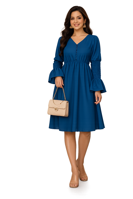 Smocked-Sleeve V-Neck Midi Dress.