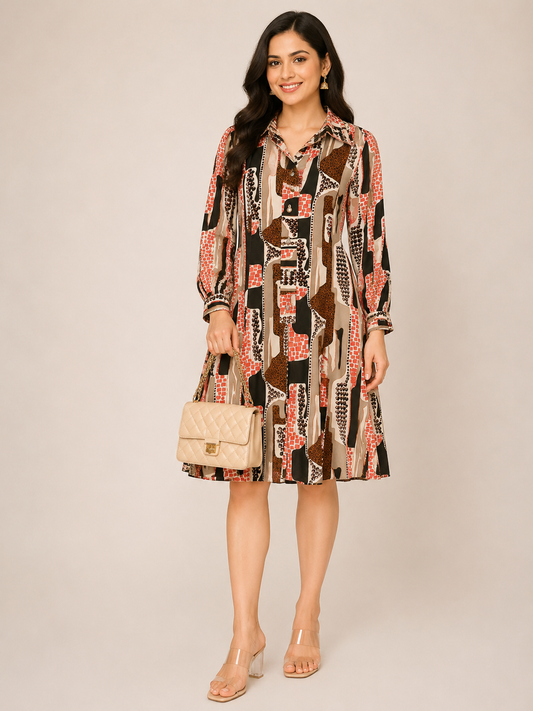 Long-sleeved geometric print shirt dress