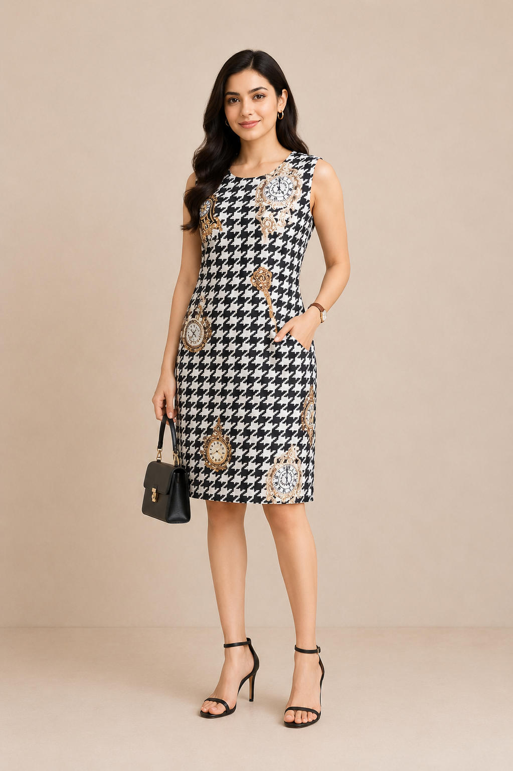 Whimsical Houndstooth & Clock-Print Shift Dress