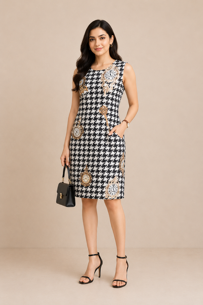 Whimsical Houndstooth & Clock-Print Shift Dress