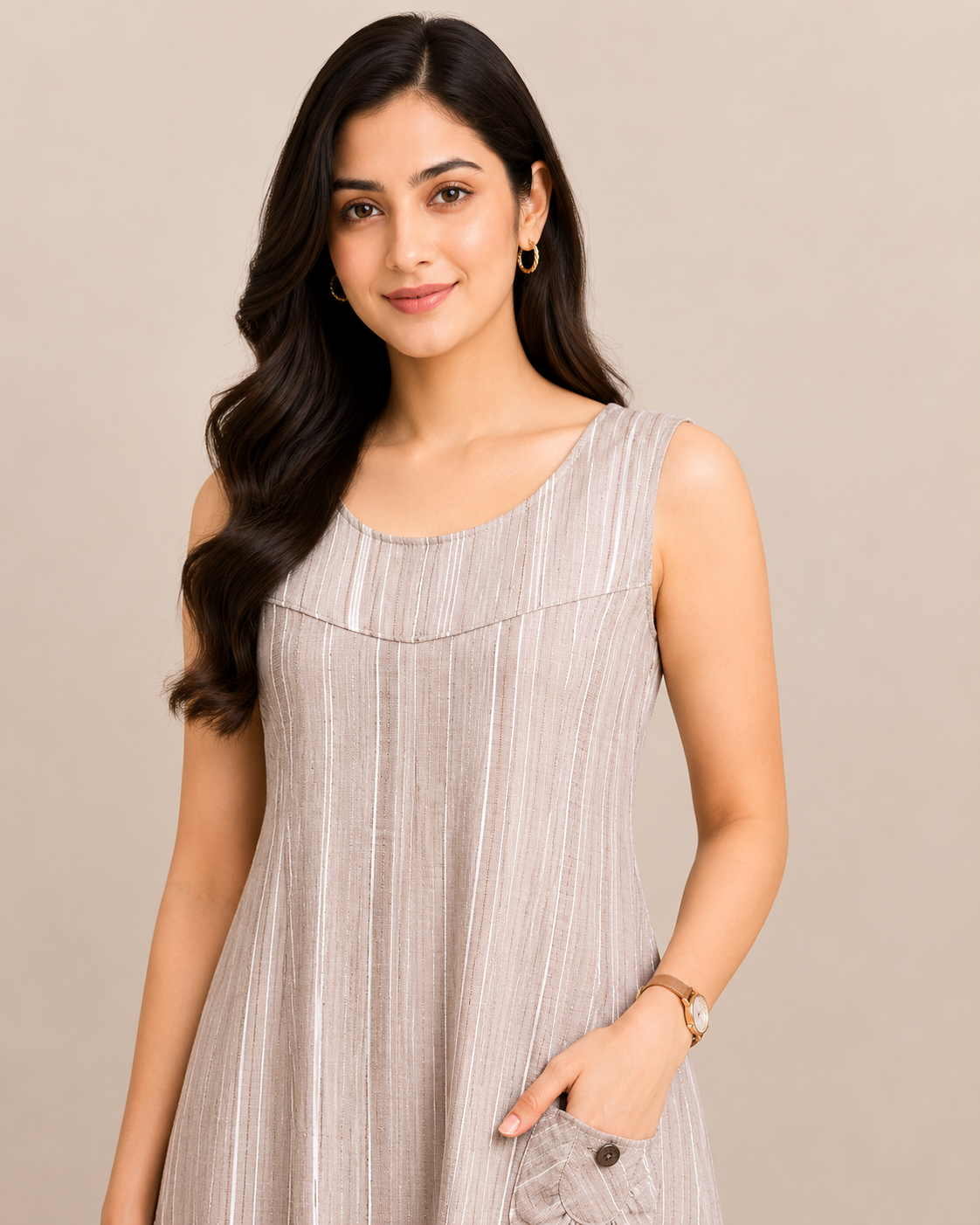 Sleeveless Striped Panel Dress with Pocket Detail