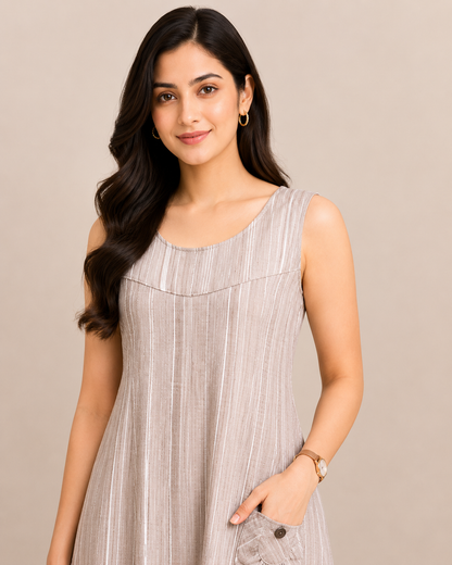Sleeveless Striped Panel Dress with Pocket Detail