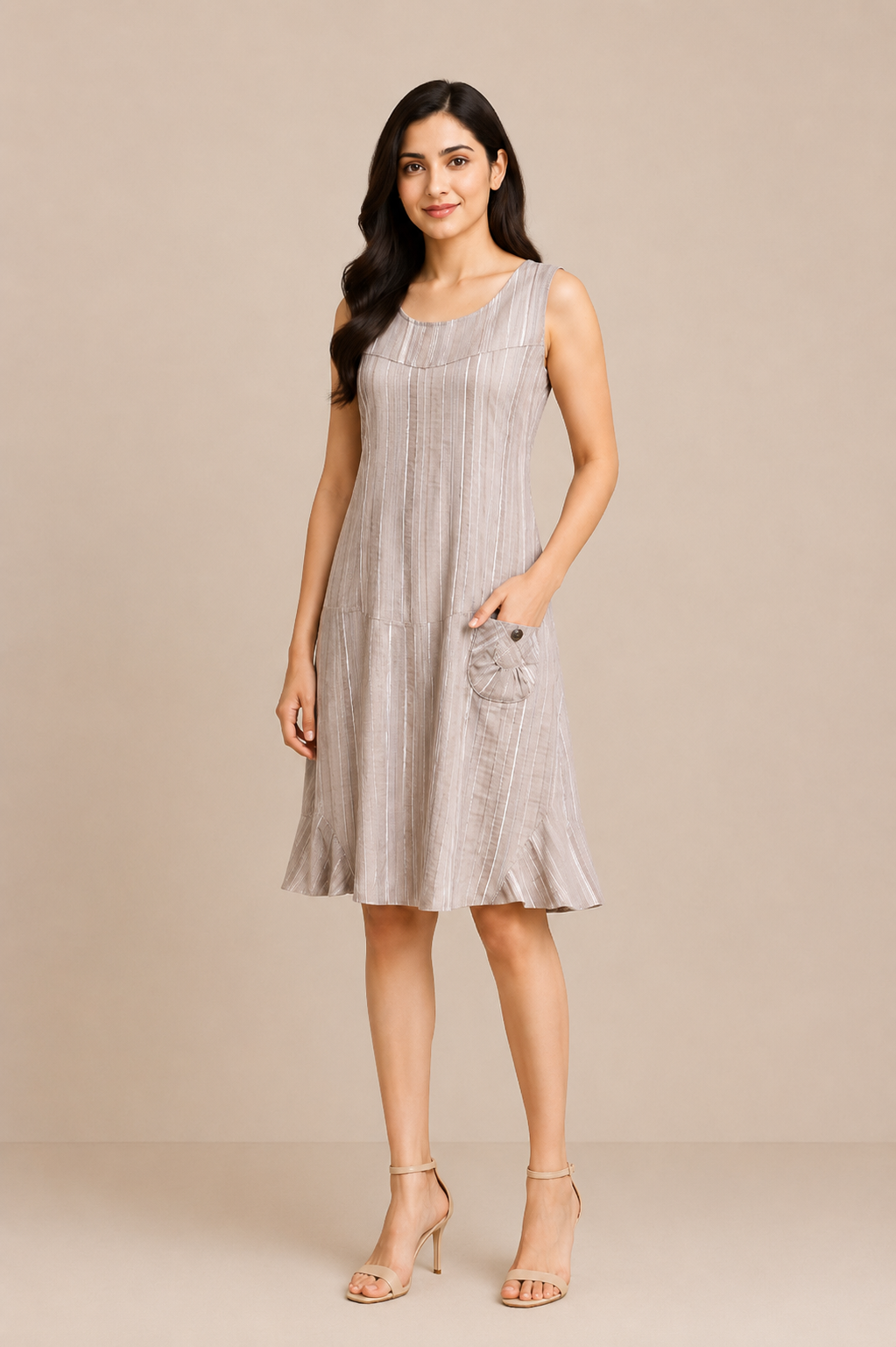 Sleeveless Striped Panel Dress with Pocket Detail