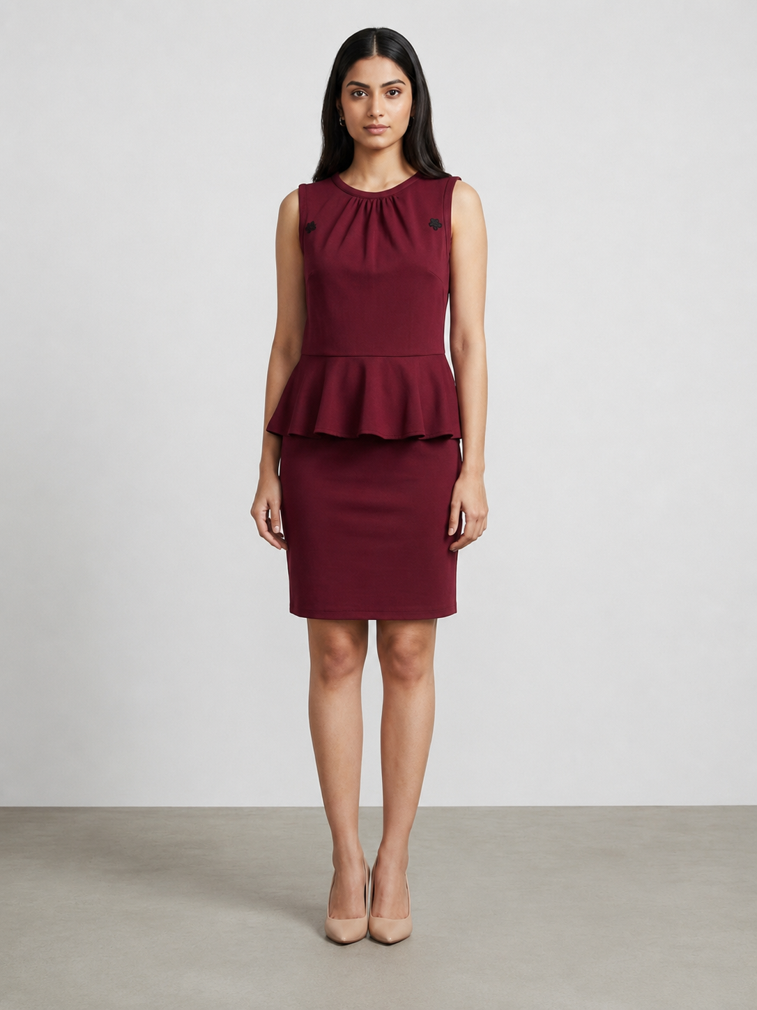 Sophisticated Burgundy Peplum Sheath