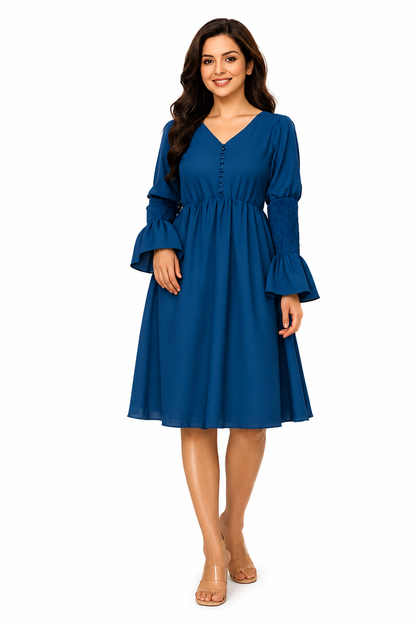 Smocked-Sleeve V-Neck Midi Dress.