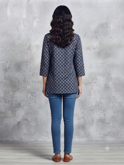 Women's Black Ethnic Printed Cotton Straight Kurti  3/4 Sleeves