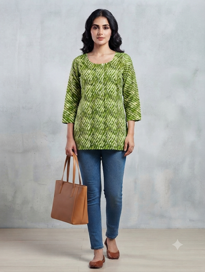 Women's Olive Green Leheriya Print Cotton Straight Kurti | Round Neck | 3/4 Sleeves