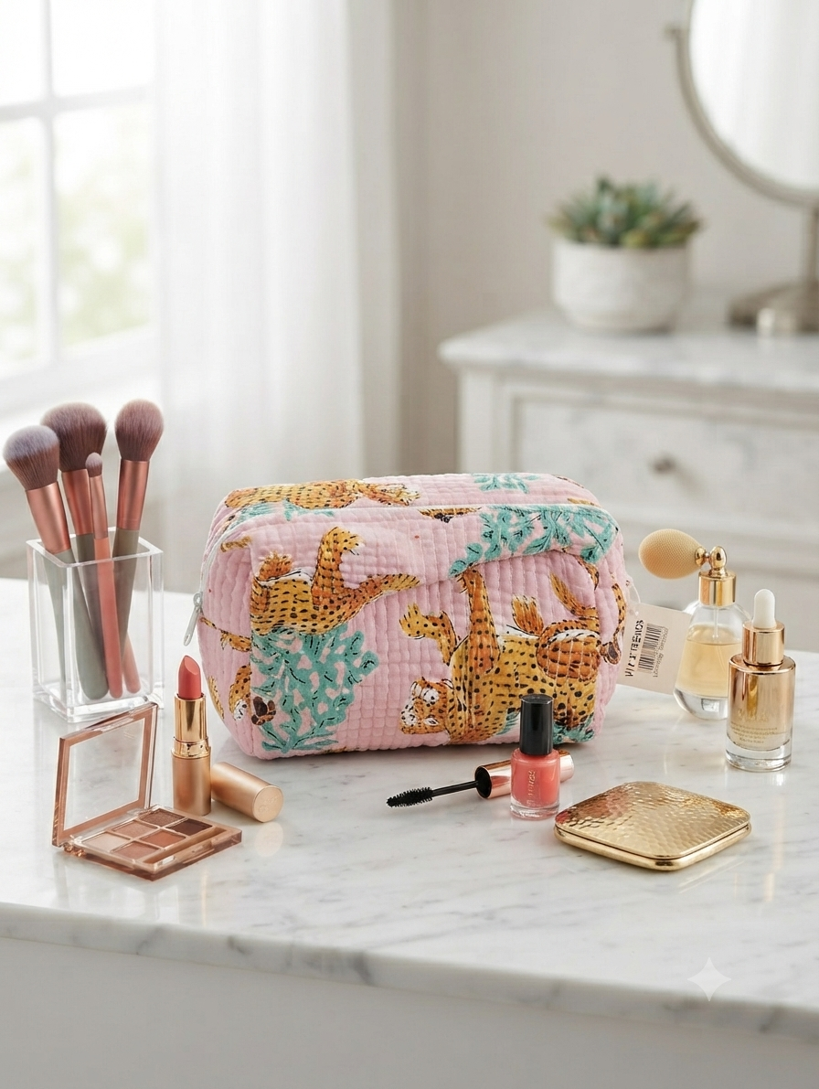 Quilted Cotton Toiletry Kit – Pink Leopard Print Travel Organizer Pouch