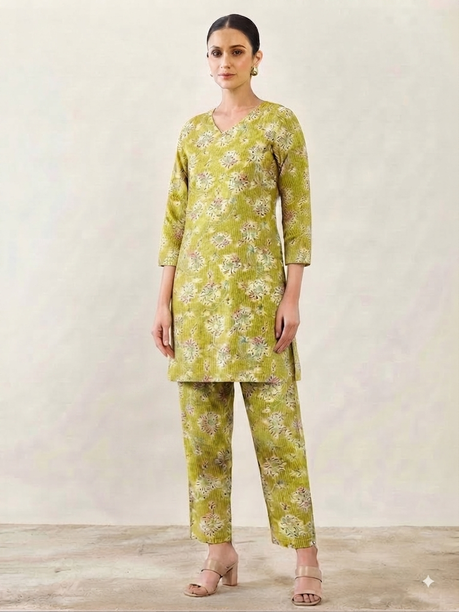 Yellow Floral Print Hip-Length Kurta with Pants Co-ord Set