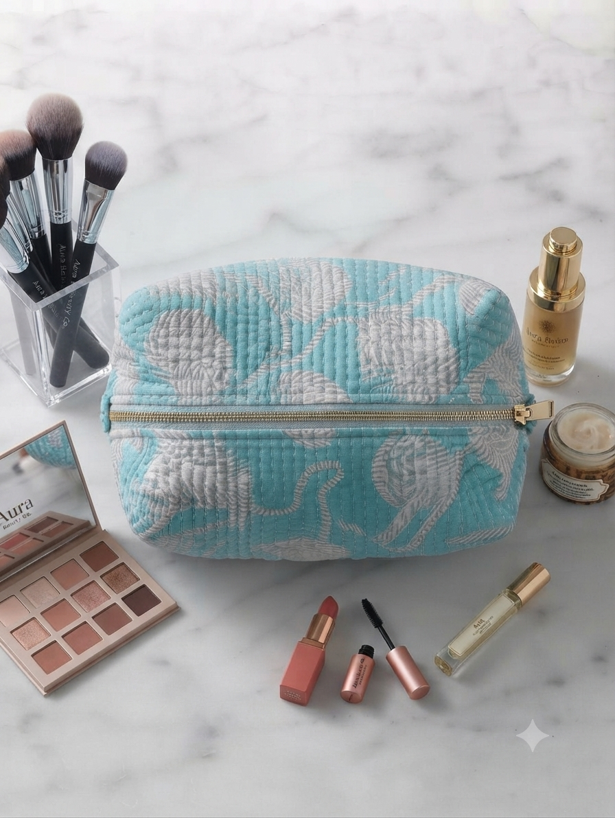 Quilted Cotton Tiger Print Toiletry Kit | Travel Makeup & Cosmetic Organizer Pouch