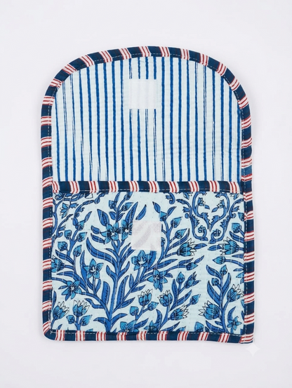 Blue Floral Print Quilted Hand Purse for Women | Cotton Travel Organizer Pouch
