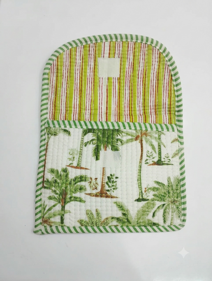 Green Tropical Print Quilted Cotton Hand Purse for Women | Palm Tree Padded Clutch Wallet | Multipurpose Organizer
