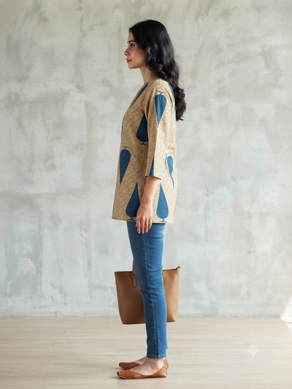 Women's Beige Cotton Printed Short Kurti | Leaf Print | 3/4 Sleeves | Regular Fit Casual Top