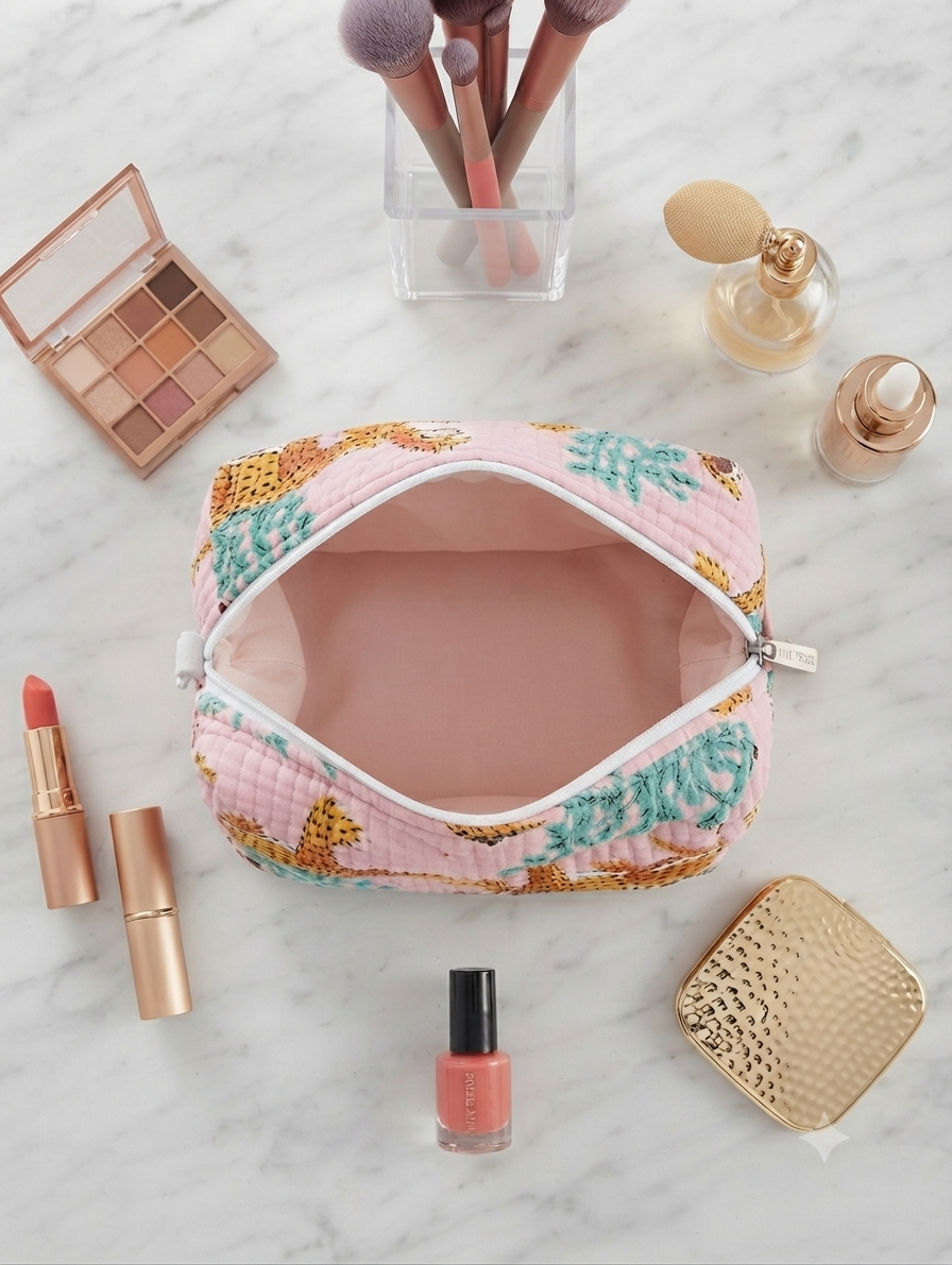 Quilted Cotton Toiletry Kit – Pink Leopard Print Travel Organizer Pouch