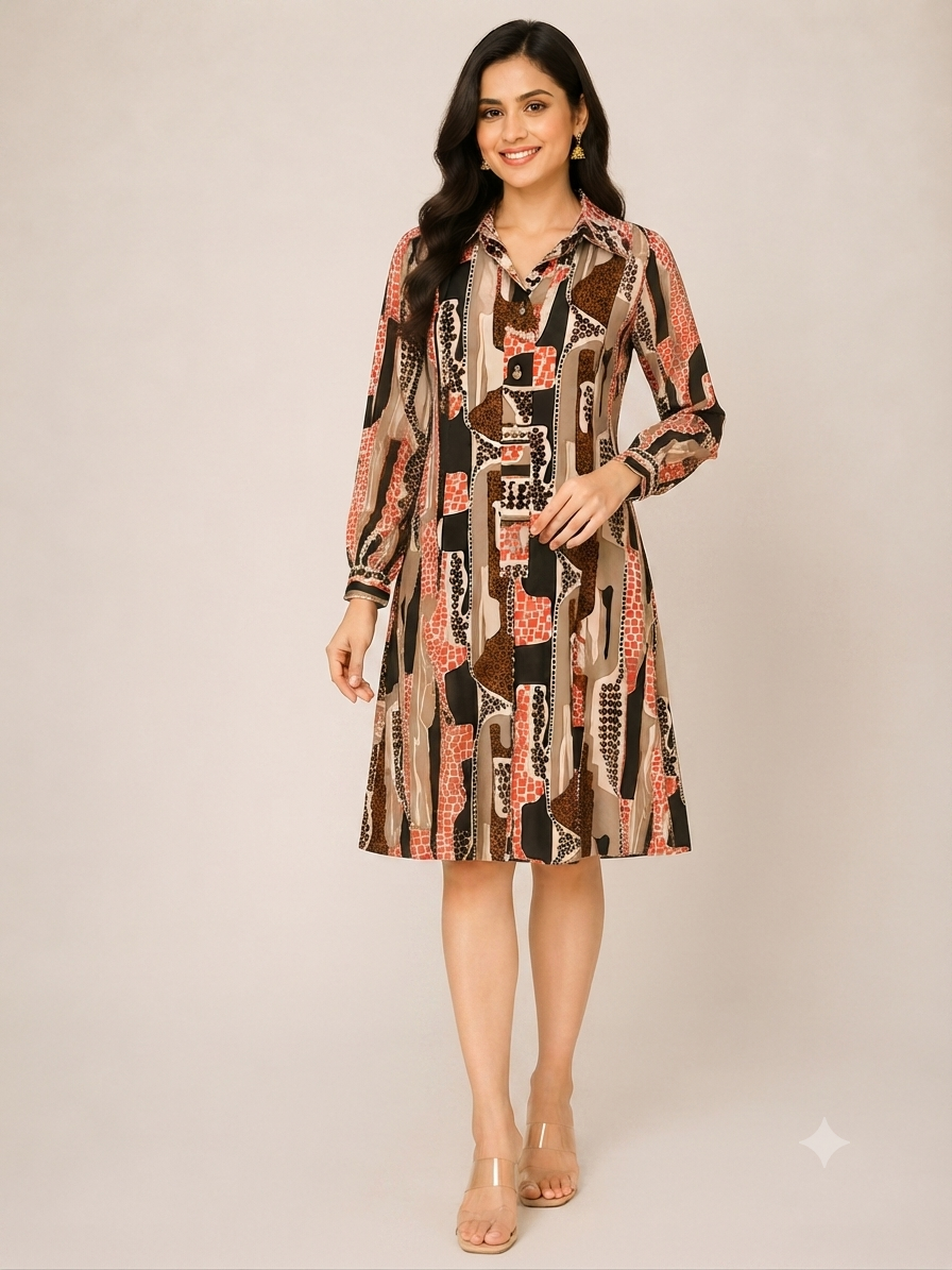Long-sleeved geometric print shirt dress