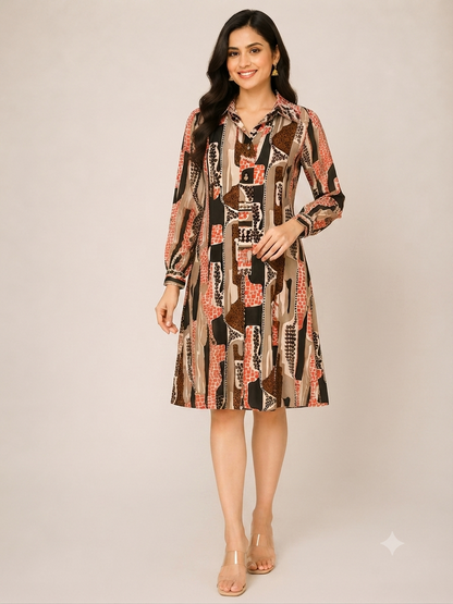 Long-sleeved geometric print shirt dress