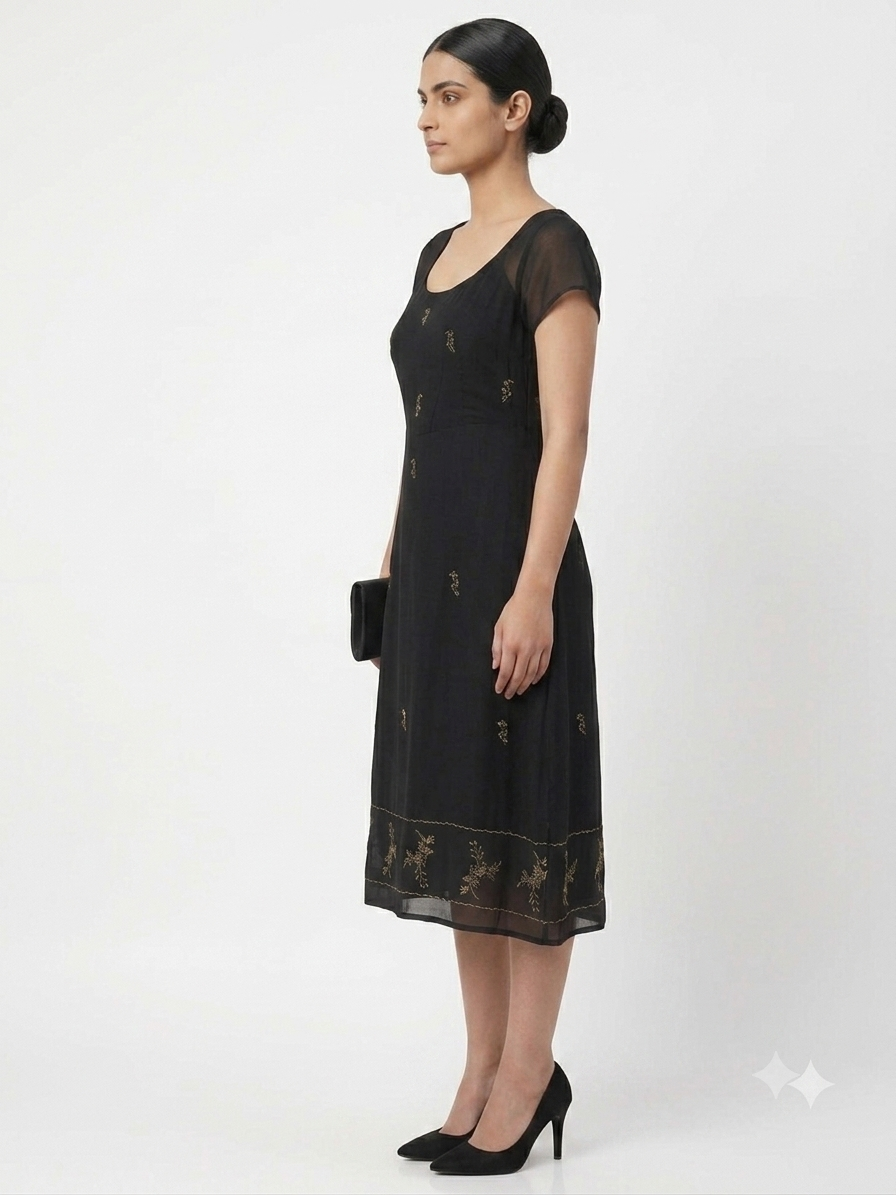 Embroidered Chiffon A-Line Dress