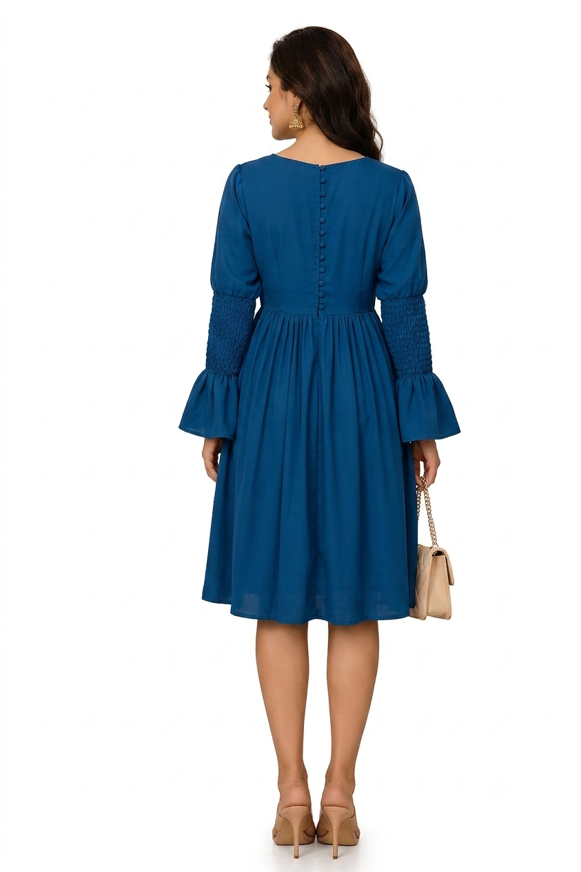 Smocked-Sleeve V-Neck Midi Dress.