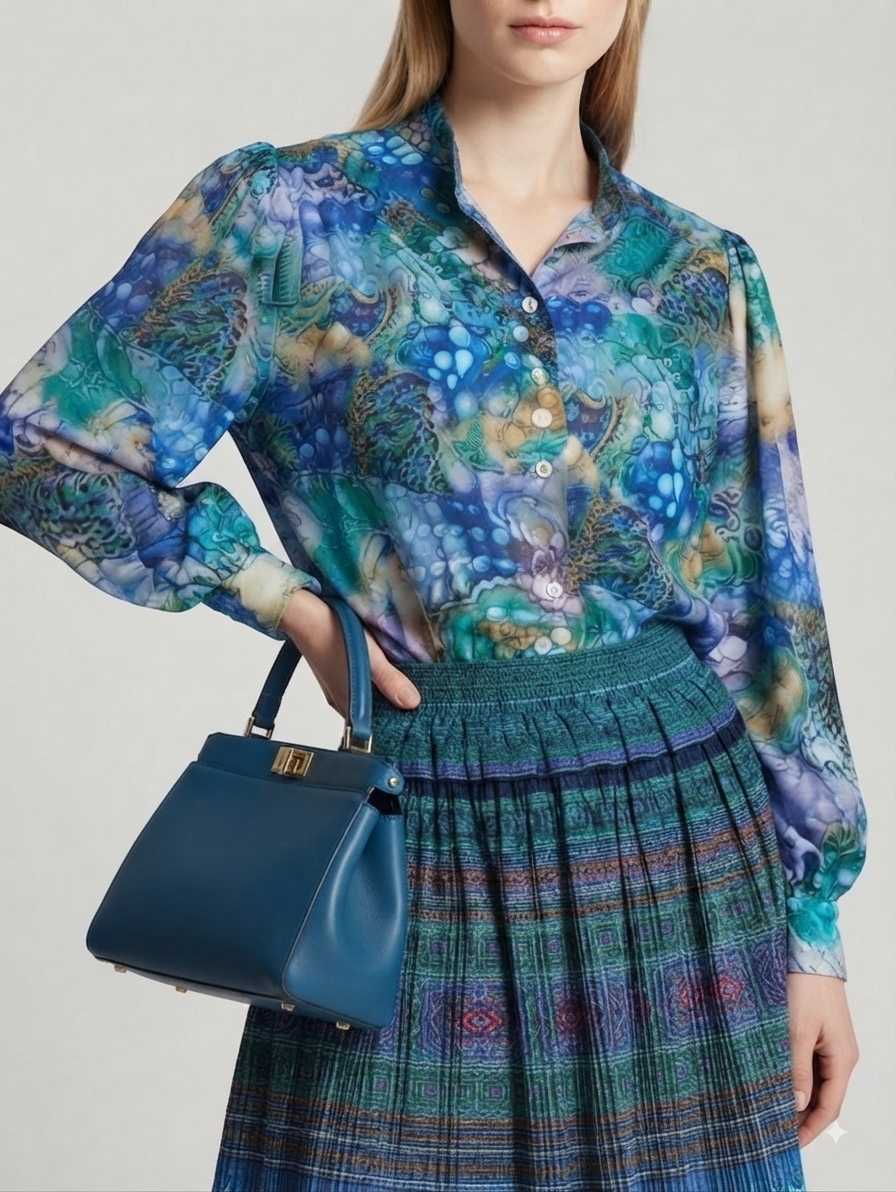 Blue Printed Above-Knee Skirt with Matching Shirt Co-ord Set