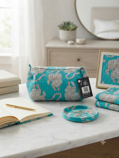 Quilted Cotton Tiger Print Toiletry Kit | Travel Makeup & Cosmetic Organizer Pouch