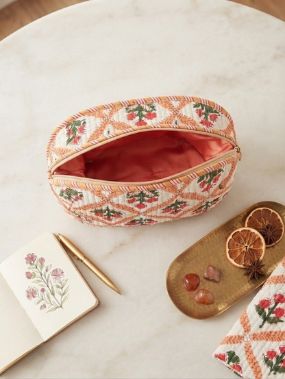 Quilted Cotton Floral Toiletry Kit | Travel Makeup & Cosmetic Organizer Pouch