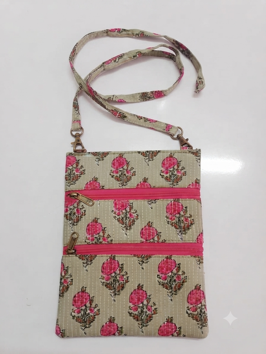 Handcrafted Quilted Cotton Multi-Pocket Sling Bag | Pink Floral Print Crossbody Bag | Lightweight Travel Organizer for Women