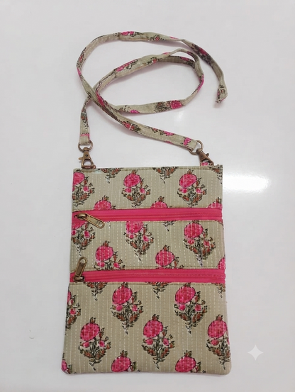 Handcrafted Quilted Cotton Multi-Pocket Sling Bag | Pink Floral Print Crossbody Bag | Lightweight Travel Organizer for Women